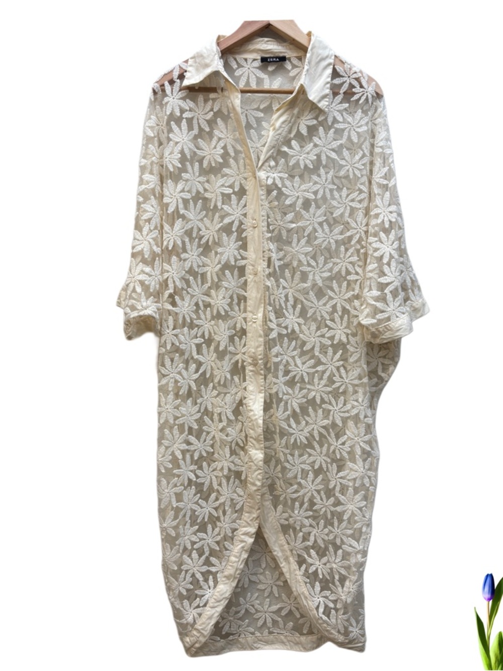Zera Cream Cover Up Floral Lace Long Button-Up One Size